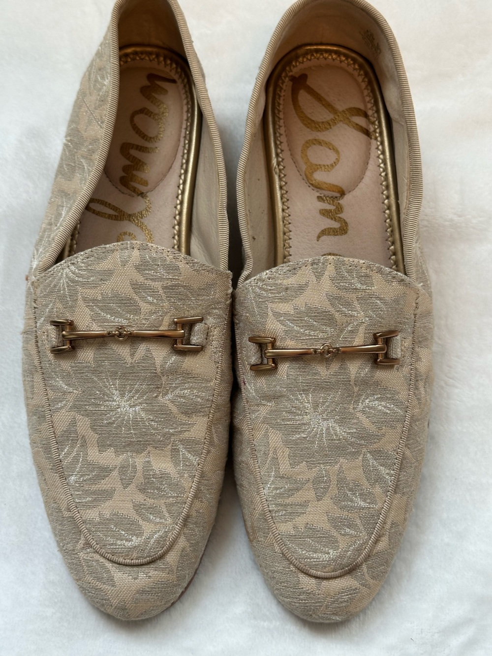Sam Edelman Beige Floral Jacquard Loafers with Gold Bit